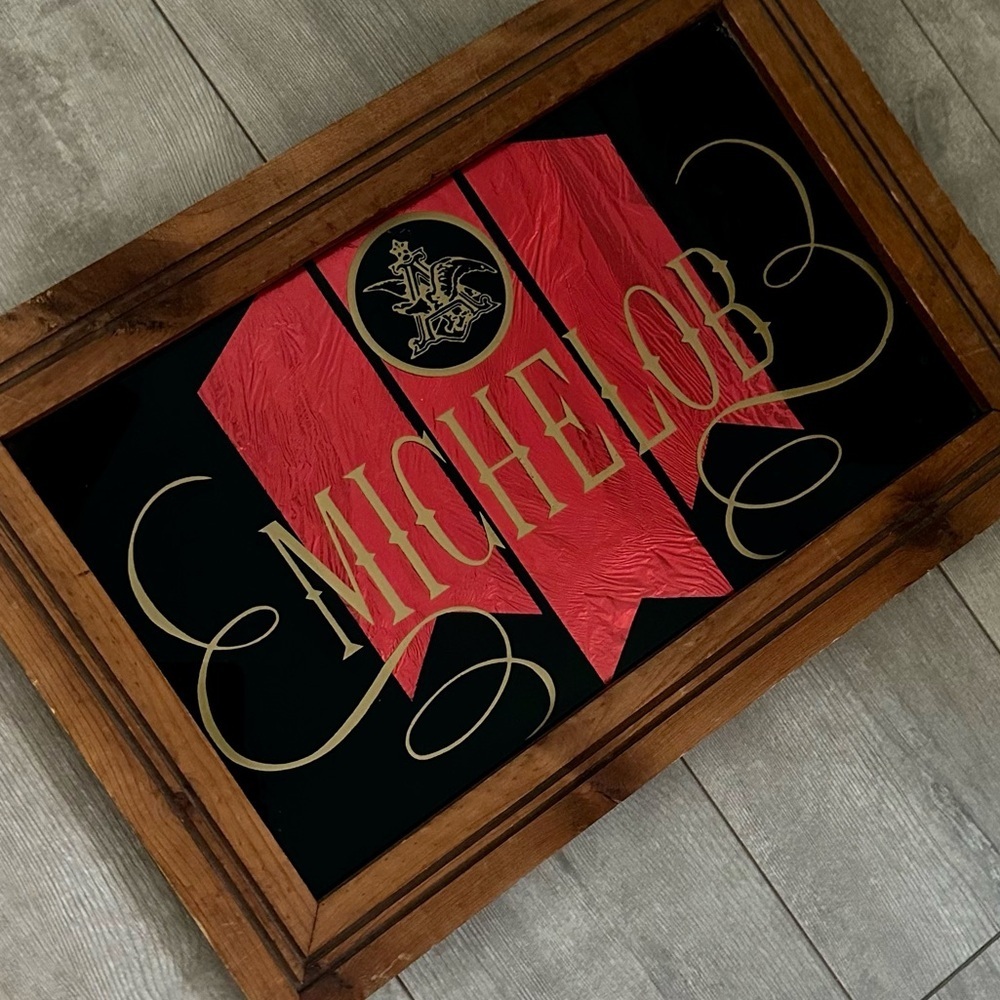 Vintage Michelob Beer Glass Wood Framed Man Cave Display Ad Bar Pub Sign